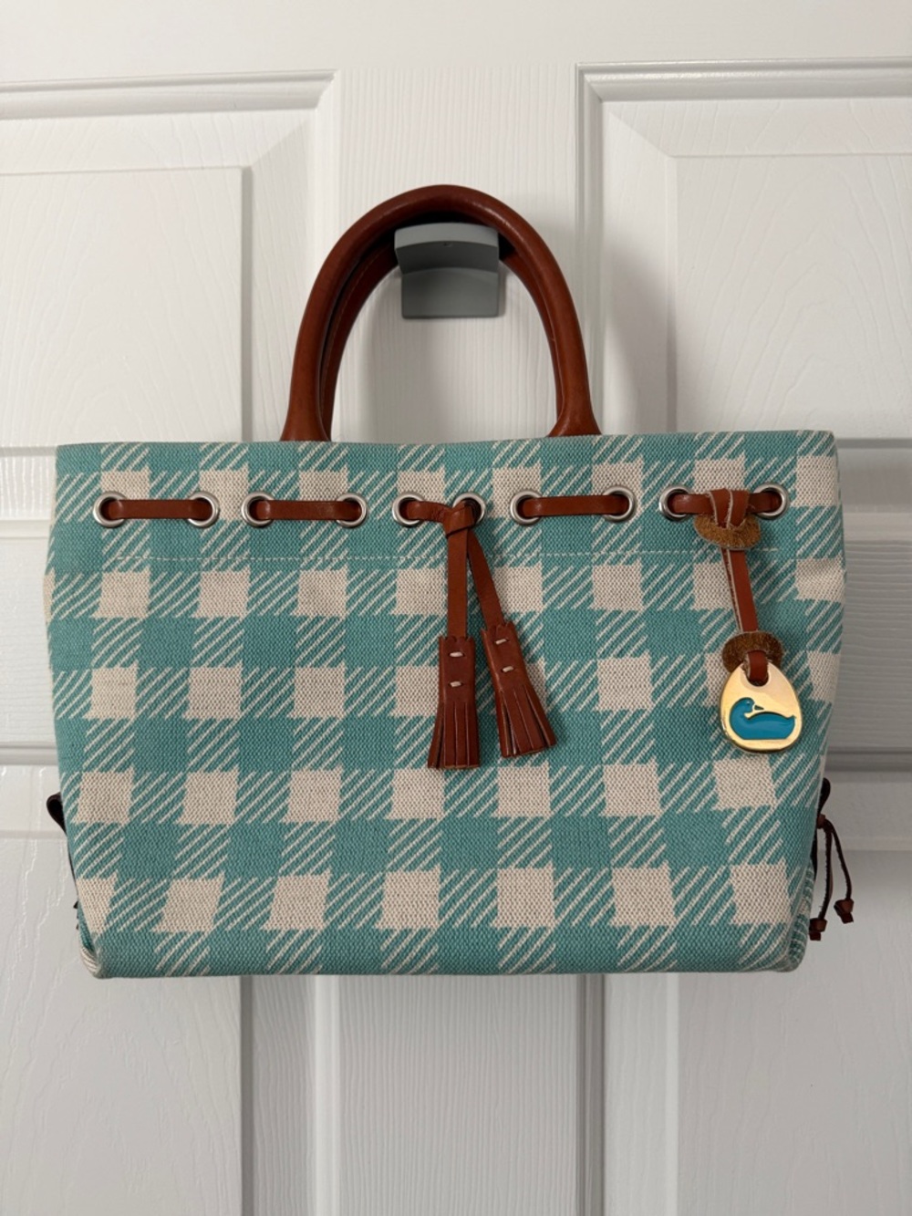 Dooney & Bourke Teal and Cream Plaid Canvas Small Tulip Tassel Tote